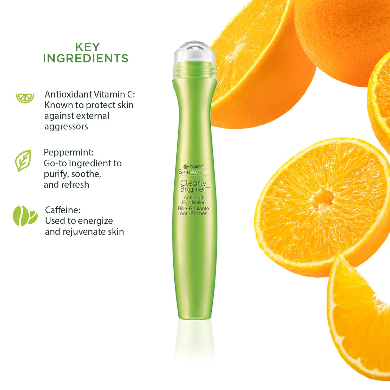 Garnier Clearly Brighter Roller con cafeína y vitamina C, refresca la mirada.