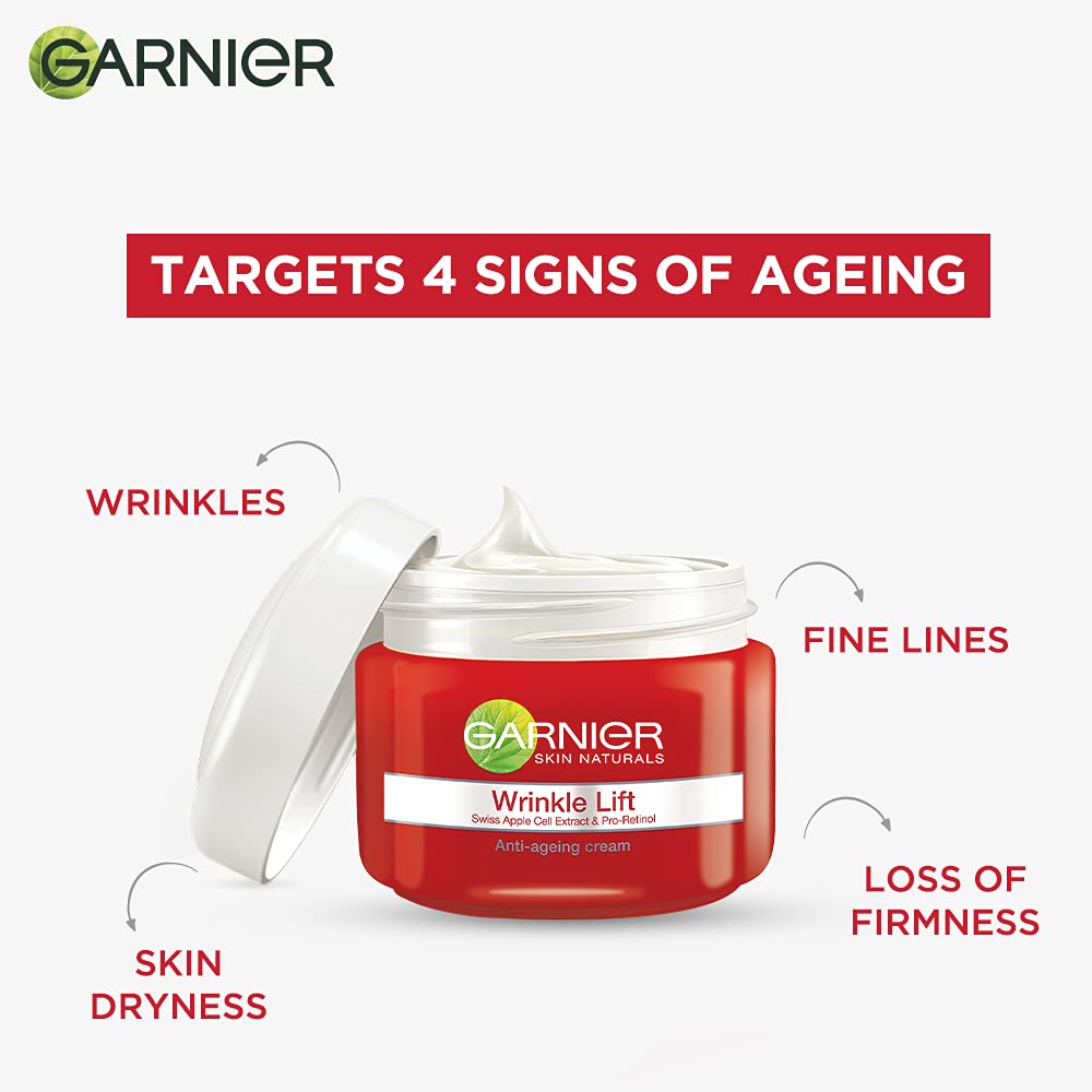 Garnier crema antiarrugas aplicación en mano, rápida absorción.