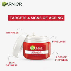 Garnier crema antiarrugas aplicación en mano, rápida absorción.