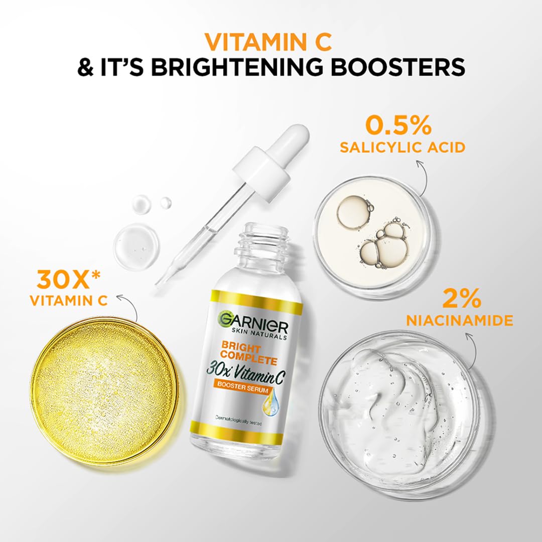 Garnier Bright Complete serum applied to face and neck in a routine.