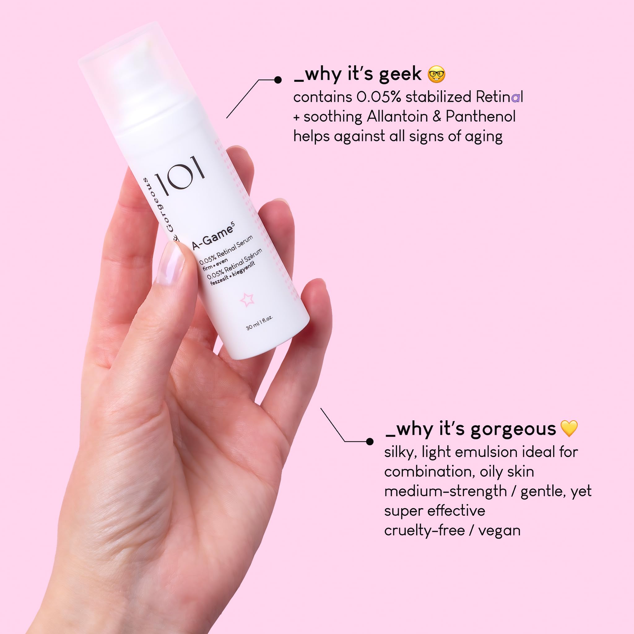 Geek & Gorgeous A-Game 5: panthenol-allantoin calma e hidrata sin irritación.