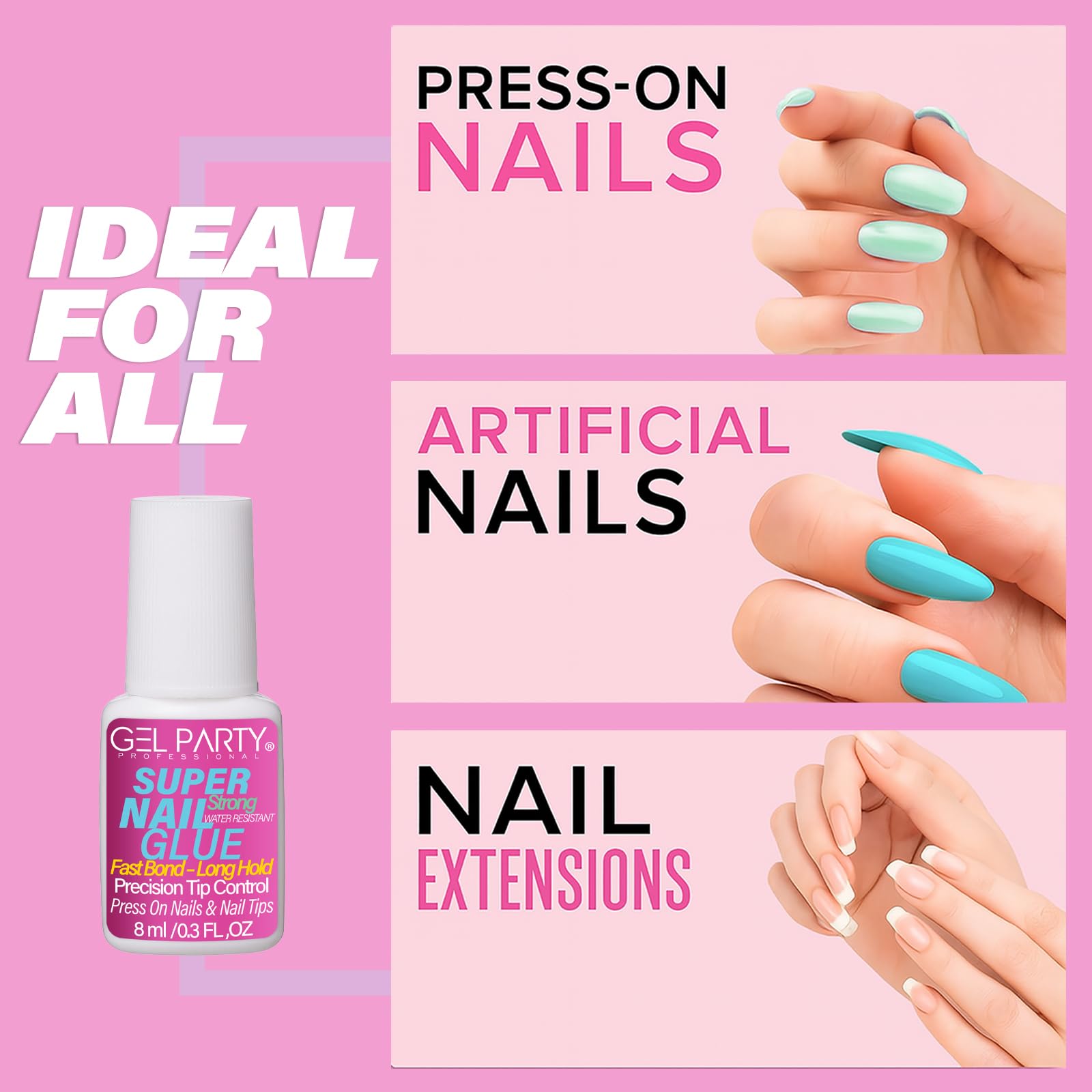 GEL PARTY ofrece adherencia de salón dura para uñas postizas.
