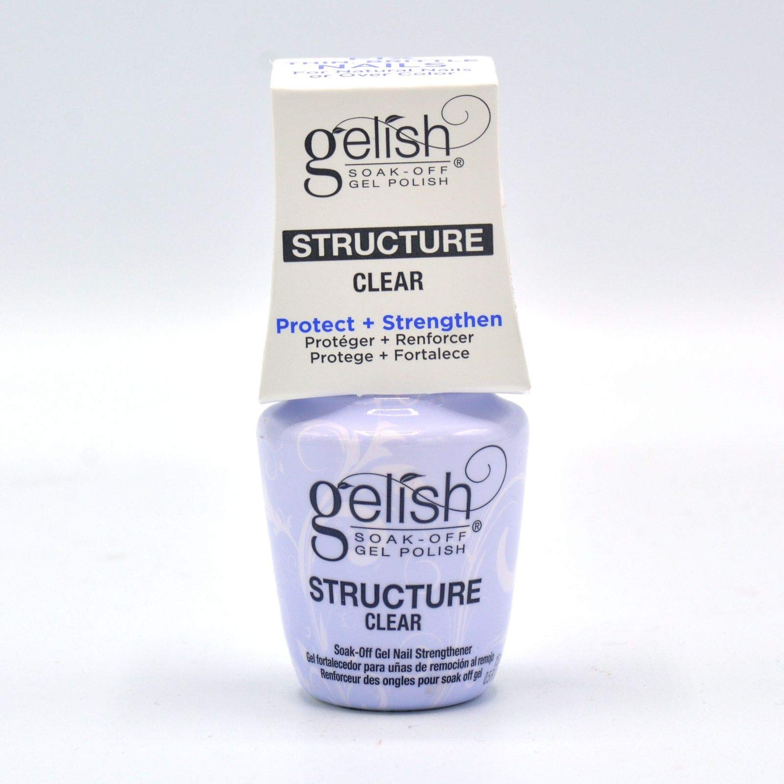 Gelish gel de estructura transparente para uñas, envase y aplicación para un acabado claro.