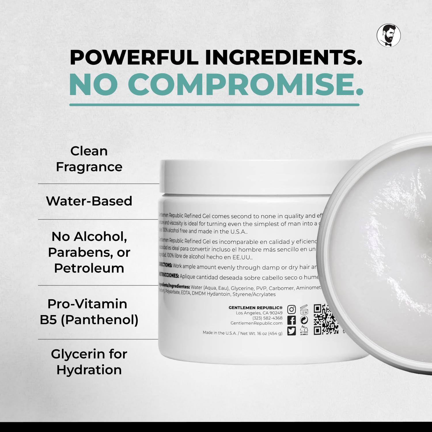 Fórmula sin alcohol de gel Gentlemen Republic para uso suave del cuero cabelludo.