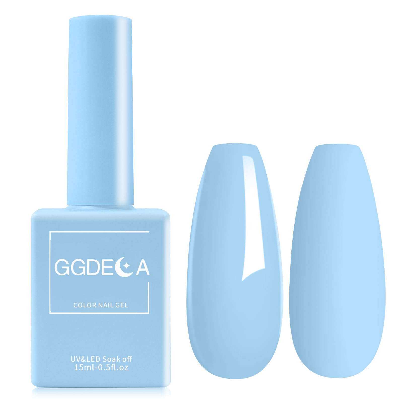 GGDECA esmalte gel azul claro, vista frontal de la botella
