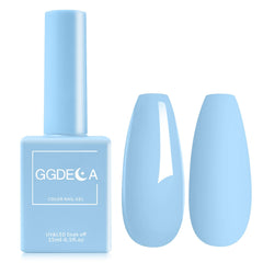GGDECA esmalte gel azul claro, vista frontal de la botella