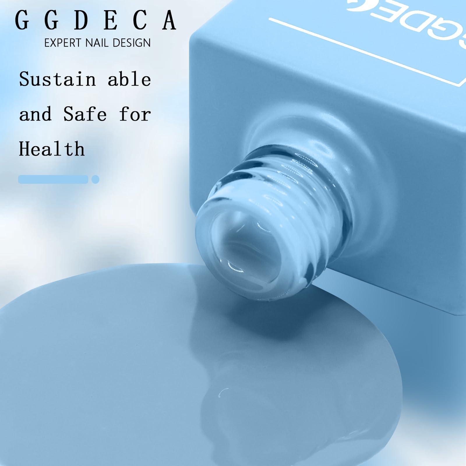 GGDECA esmalte gel azul pastel, muestra tono real de la botella