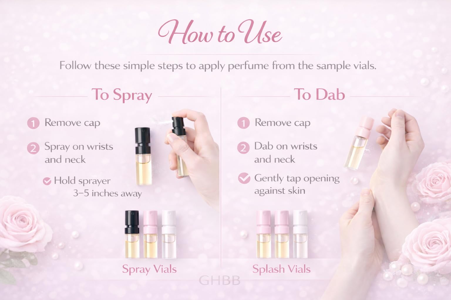 GHBB muestras de perfume en viales portátiles, perfecto para viaje.