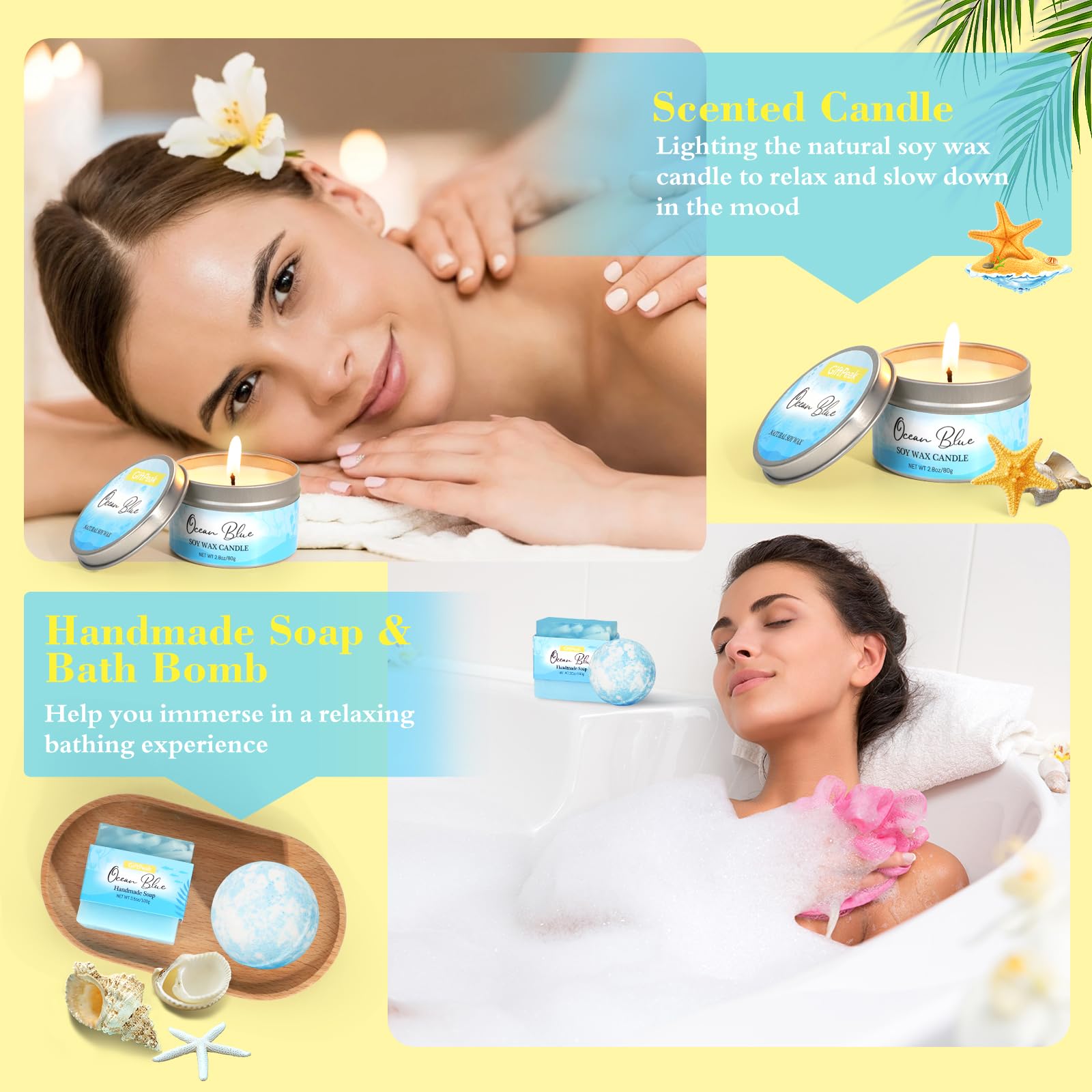 GiftPeak ocean scented soap bar and bath bomb setup for a spa at home