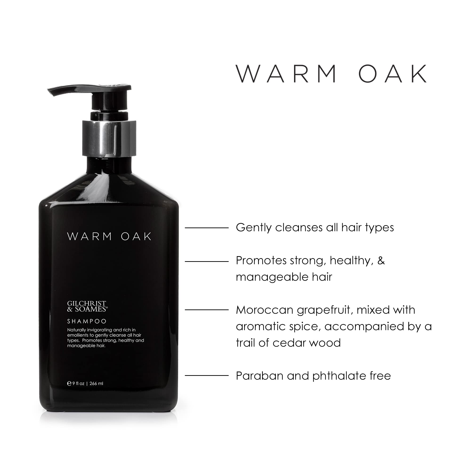 Gilchrist & Soames Warm Oak Shampoo, dosificador para aplicación suave.
