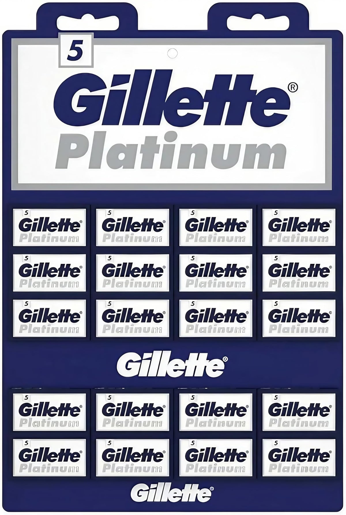 Gillette Platinum double-edge blades on display card for smooth, forgiving shaves with safety razors.