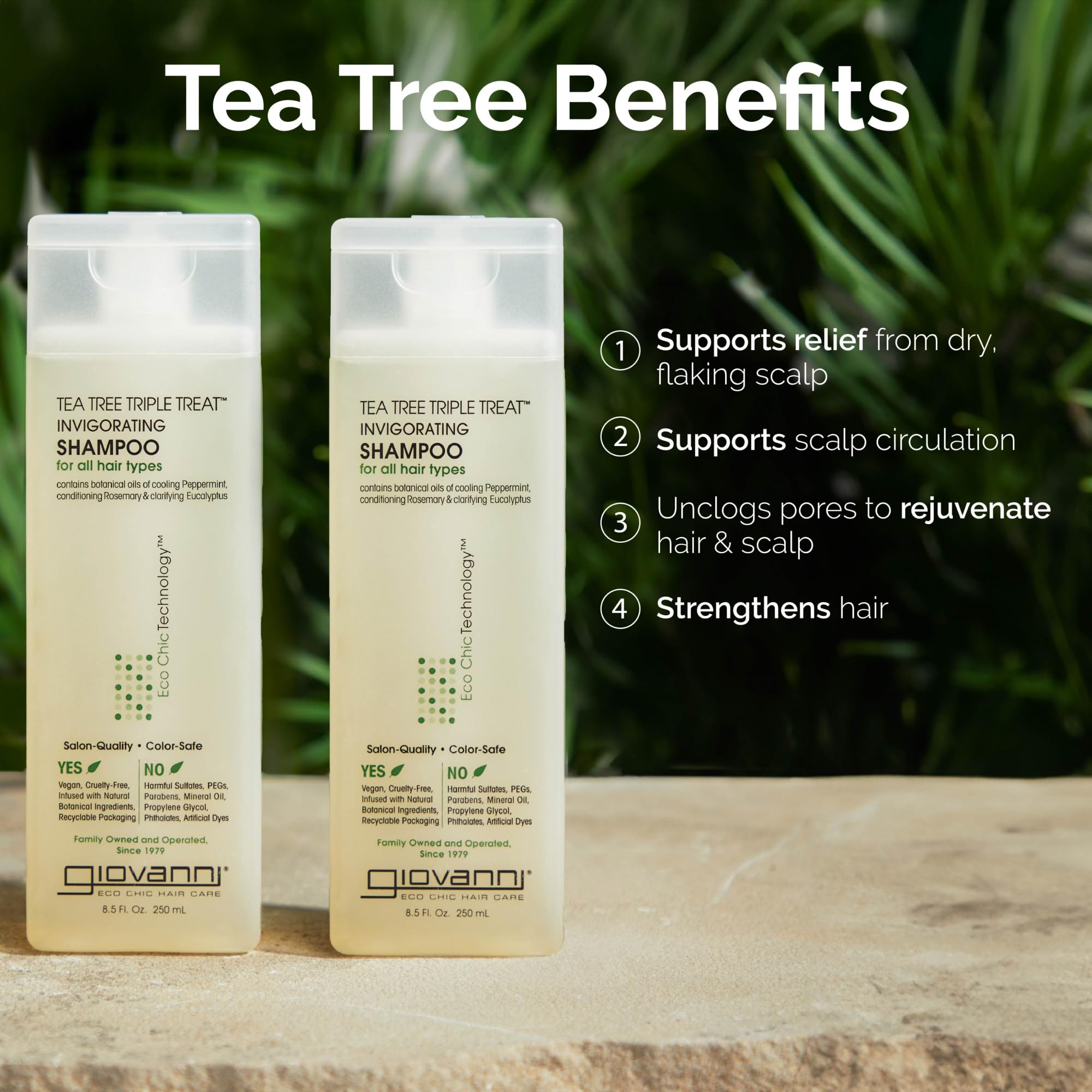 Giovanni Tea Tree Triple Treat Shampoo, cabello mojado listo para peinar con brillo ligero.