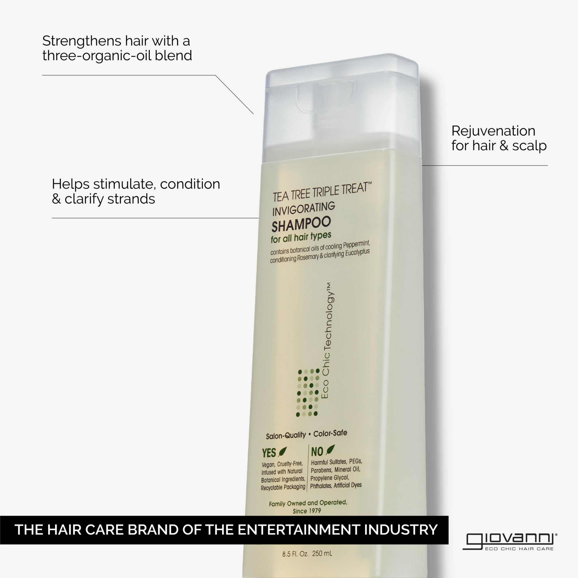 Giovanni Tea Tree Triple Treat Shampoo, espuma suave, aroma refrescante para uso diario.