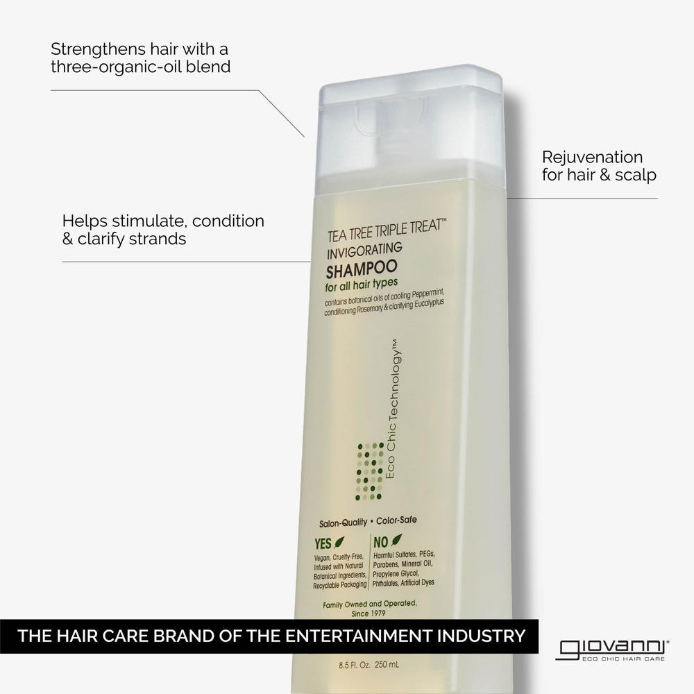 Giovanni Tea Tree Triple Treat Shampoo, espuma suave, aroma refrescante para uso diario.