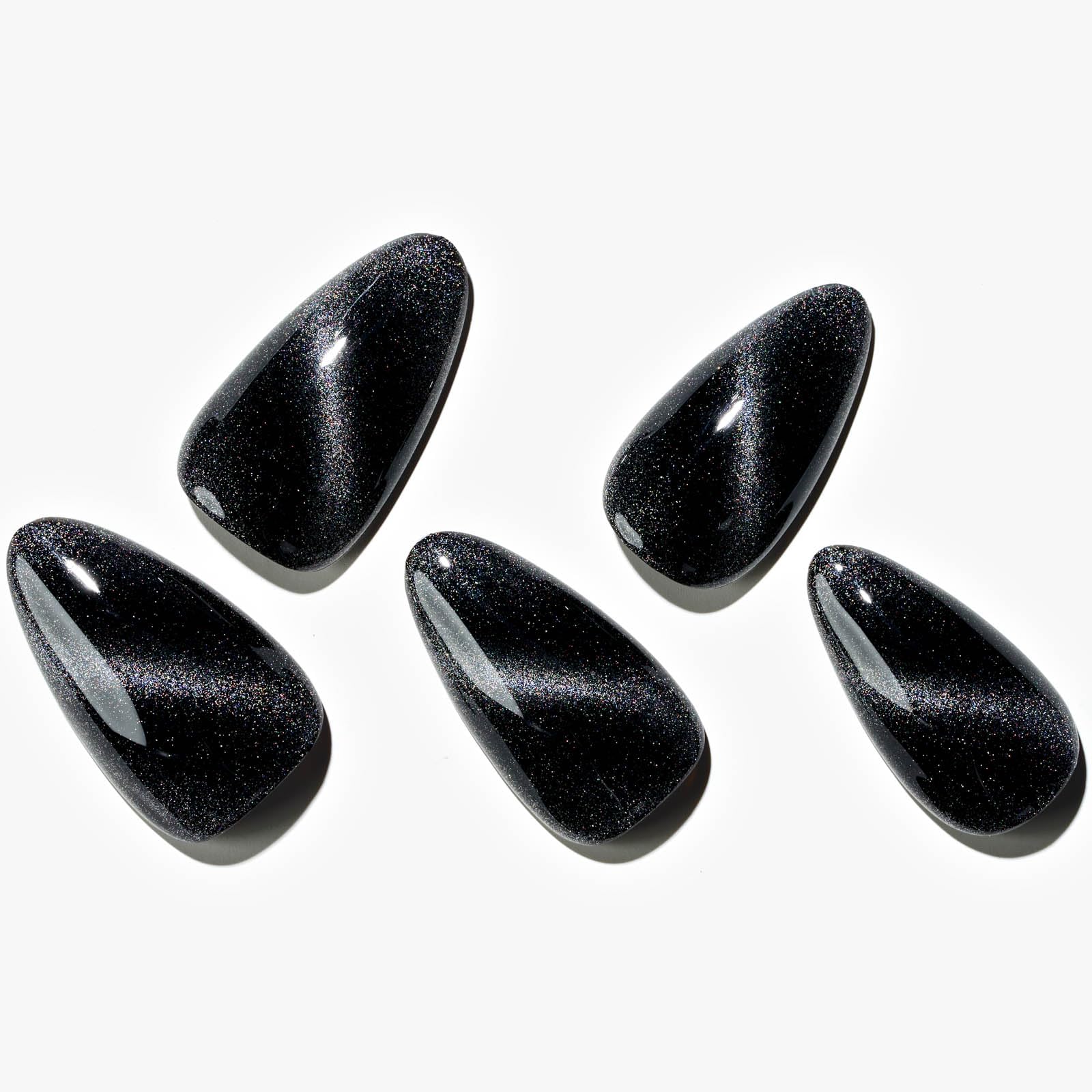 GLAMERMAID Black Cat Eye nails in almond close-up for salon-grade finish