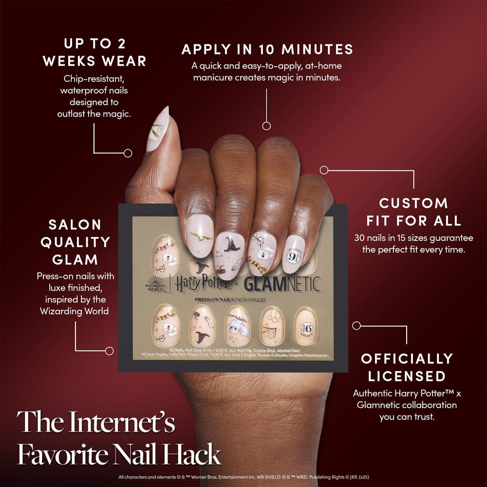 Glamnetic Hogwarts nails with Sorting Hat design for cosplay fun.
