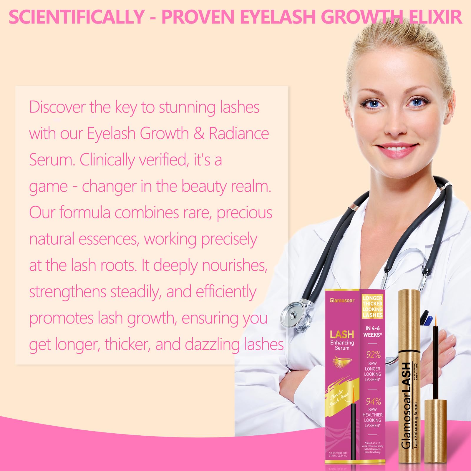 Glamosoar Lash Serum: rutina diaria sin extensiones para un look natural.