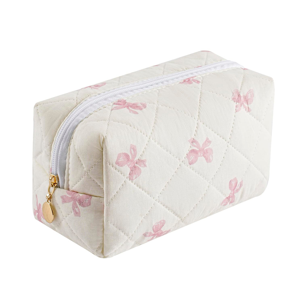 Gleyemor bolsa de maquillaje acolchada con lazo rosa, ideal para viajes y organización diaria.