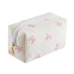 Gleyemor bolsa de maquillaje acolchada con lazo rosa, ideal para viajes y organización diaria.