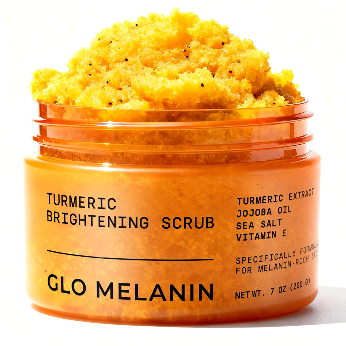 Glo Melanin Turmeric Scrub frasco: exfoliación suave para piel radiante