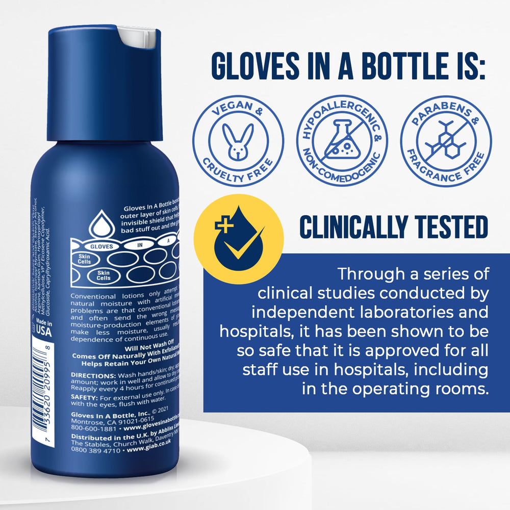 Gloves In A Bottle packaging and label highlights travel-friendly size.