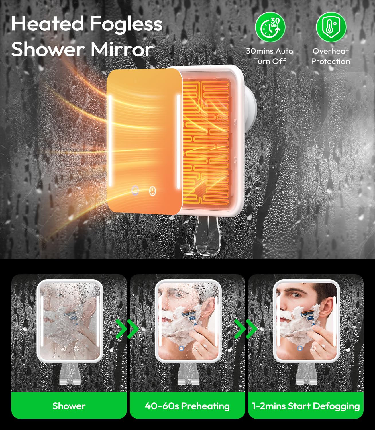 Espejo Glowtop diseño rectangular ergonómico para un mejor ángulo.
