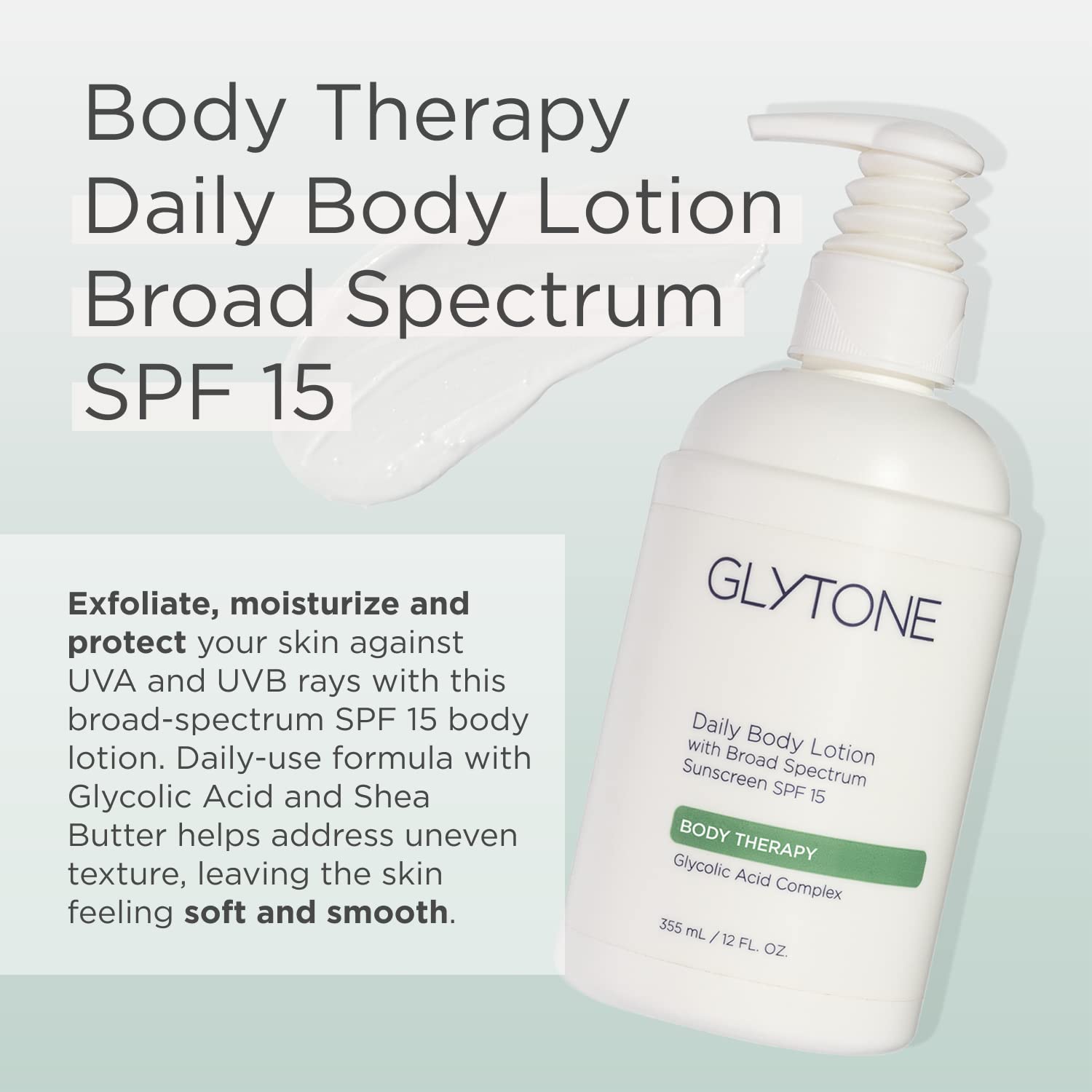 GLYTONE lotion corps SPF15 – texture crème légère, peau douce et lisse.