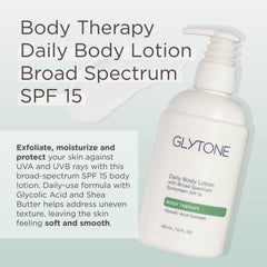 GLYTONE lotion corps SPF15 – texture crème légère, peau douce et lisse.