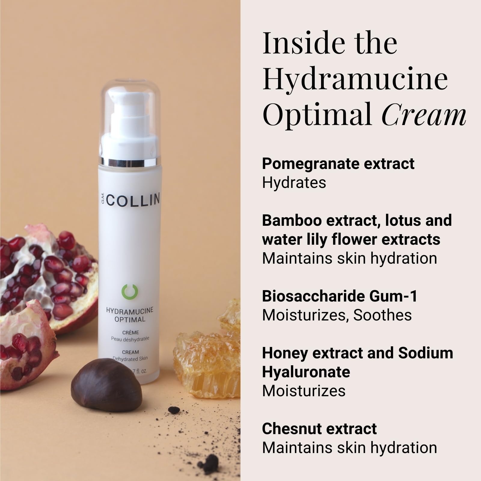 Ingrédients botaniques Hydramucine Optimal soutiennent l'hydratation et l'élasticité.