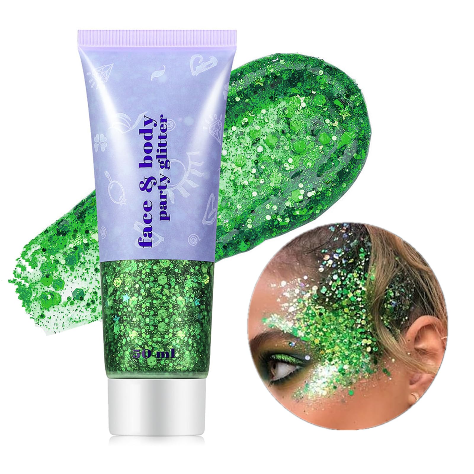 Go Ho Brillo Verde para cara y cuerpo, botella con acabado holográfico para festival.