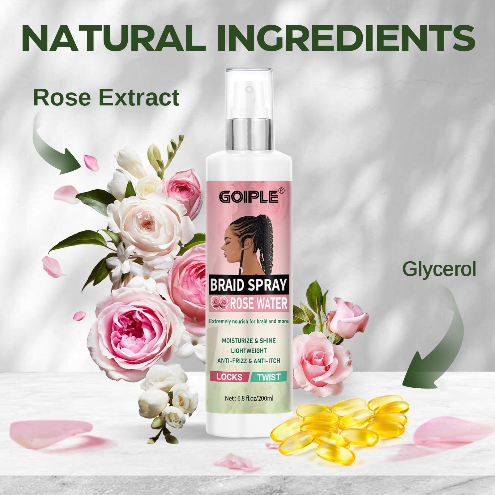 Goiple fórmula natural con agua de rosas: nutrición suave y segura.