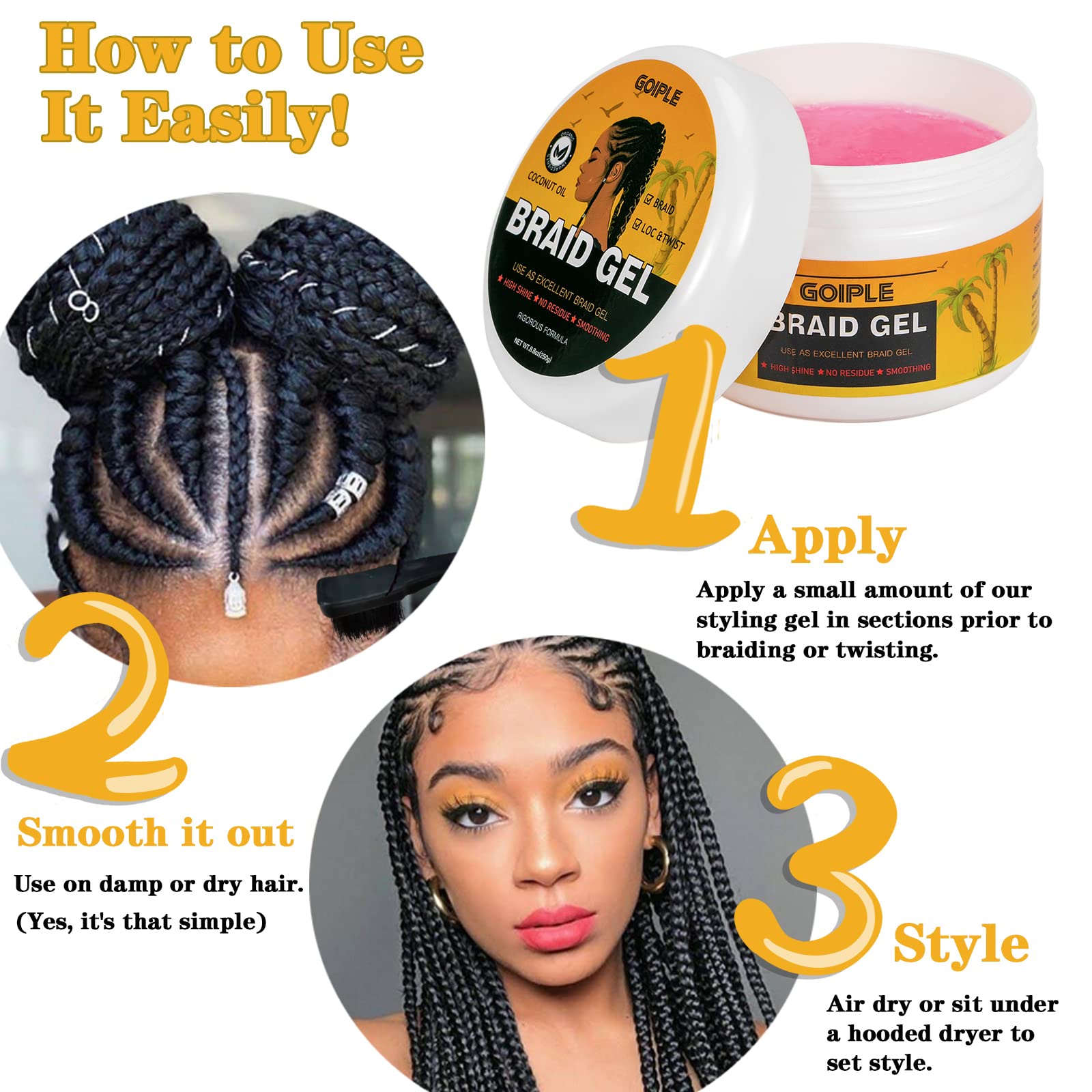 Goiple gel para trenzas, aplicación suave y acabado liso.