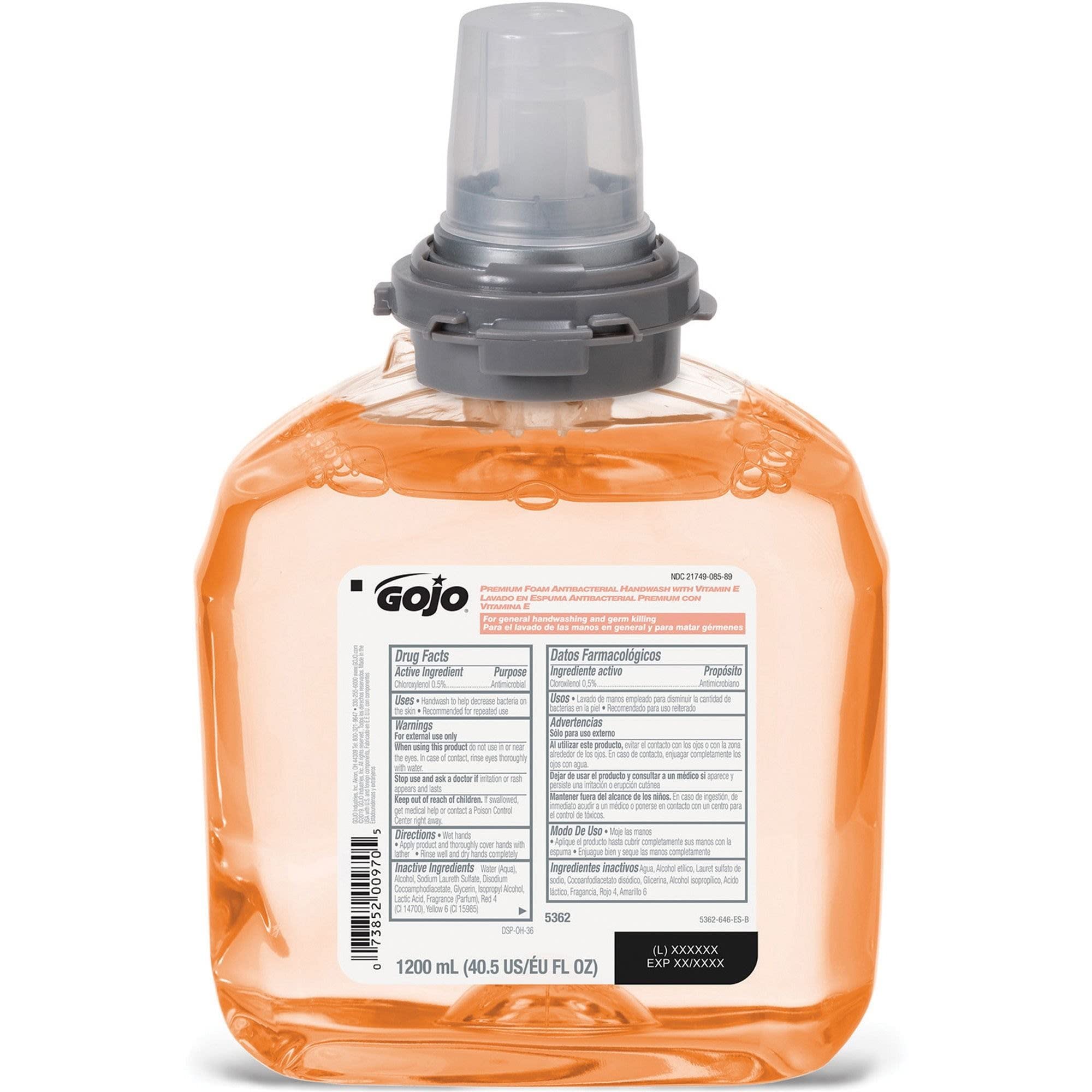 GOJO TFX foam handwash label close-up showing 0.3% PCMX formulation.