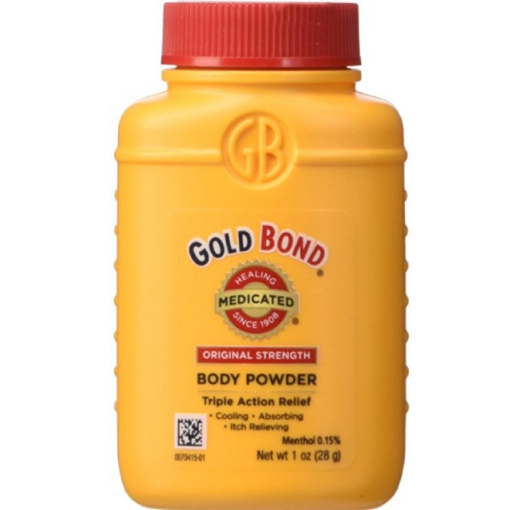 Gold Bond polvo corporal medicado sin talco en envase compacto, ideal para uso diario.