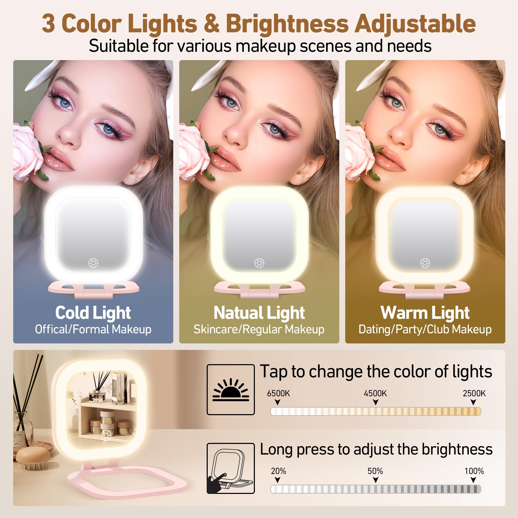 GOMIPURU brillo ajustable para maquillaje cómodo durante el día y la noche.