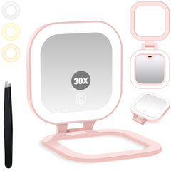 Espejo de viaje GOMIPURU con luz, enfoque 1x y 30x para maquillaje preciso.