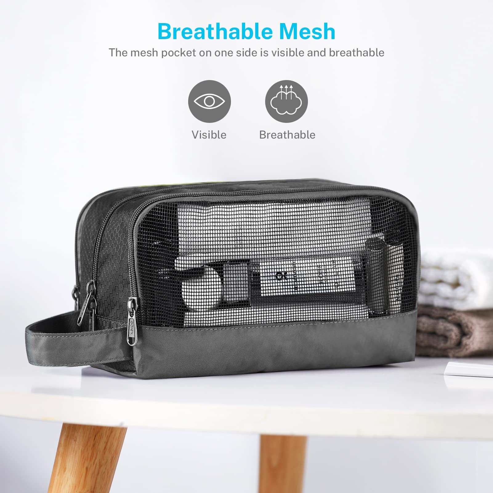 Gonex bolsa de aseo con bolsillo de malla para artículos pequeños y visibles