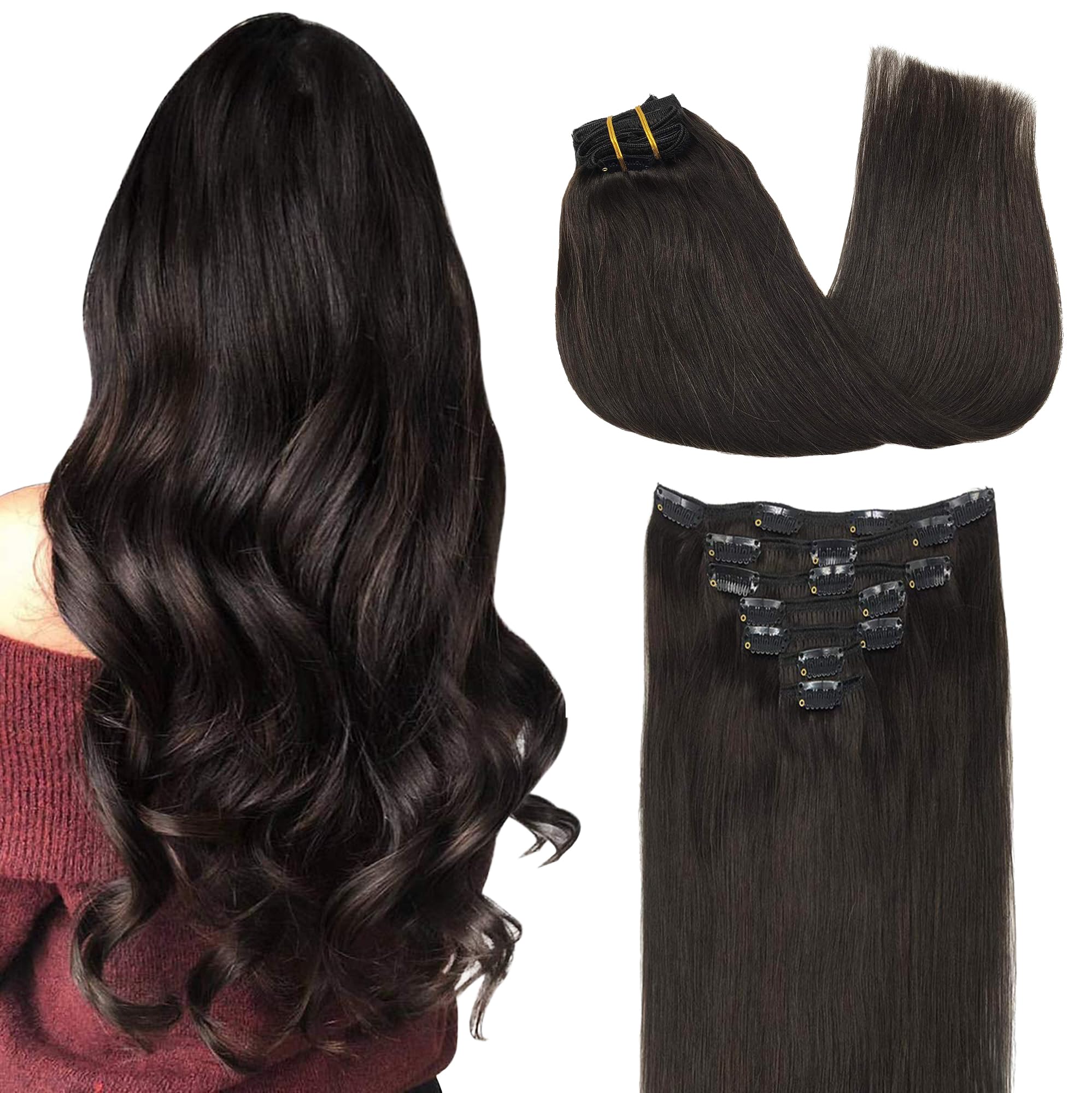 GOO GOO Extensiones clip cabello humano real, conjunto de 7 piezas para mayor longitud