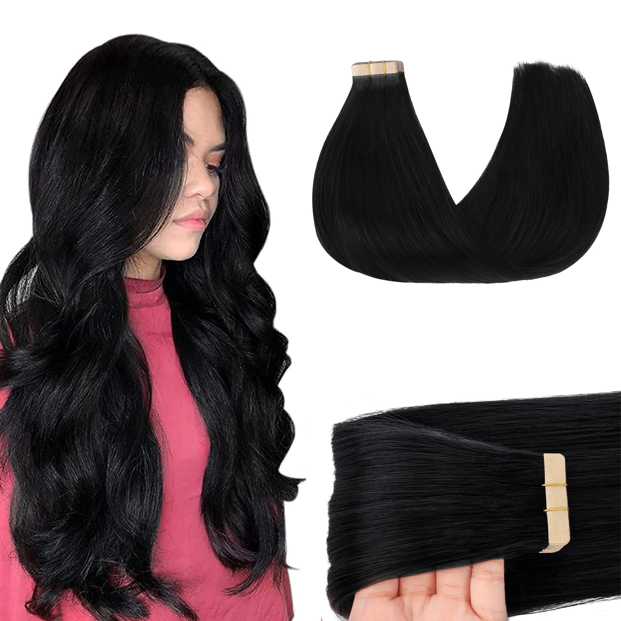 Extensiones GOO GOO Tape pelo humano negro jet 24 pulgadas para una longitud natural