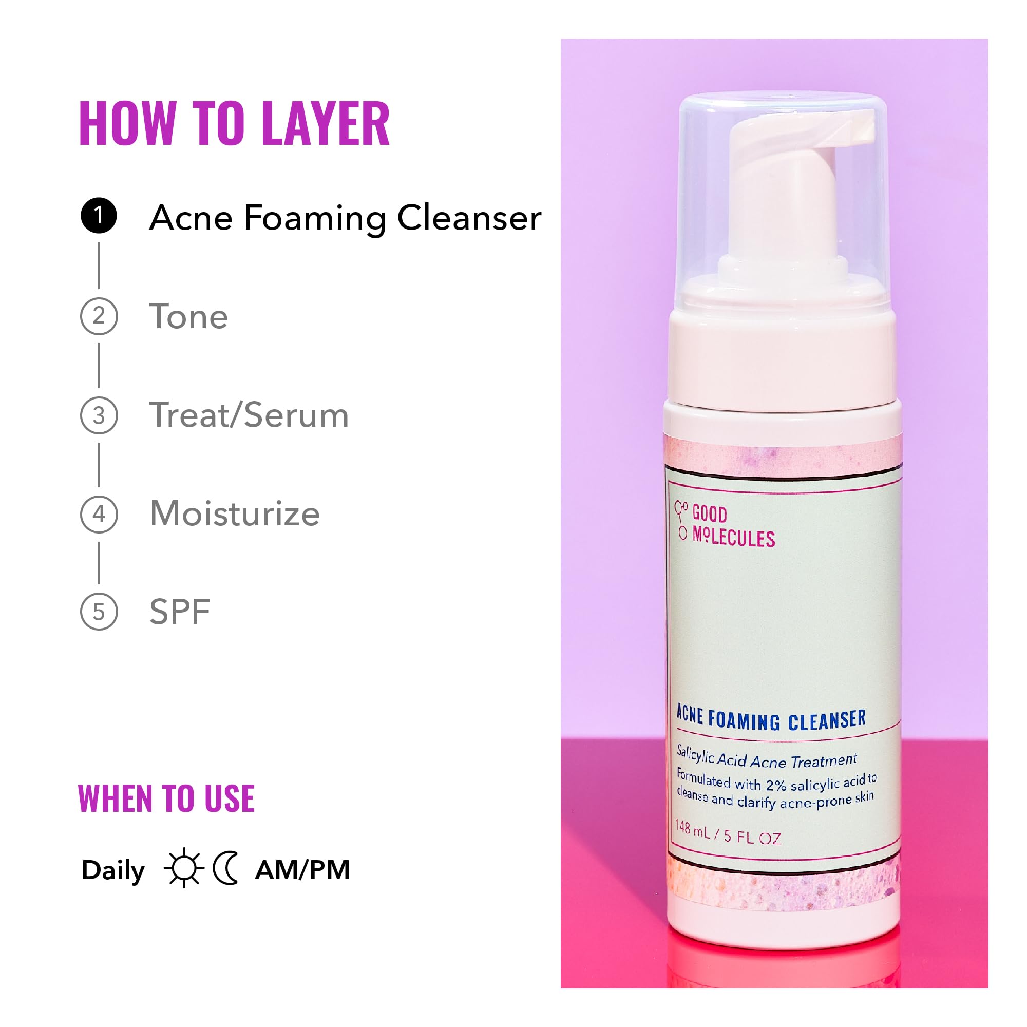 Good Molecules Acne Foaming Cleanser pump demonstrates easy, controlled dispensing.