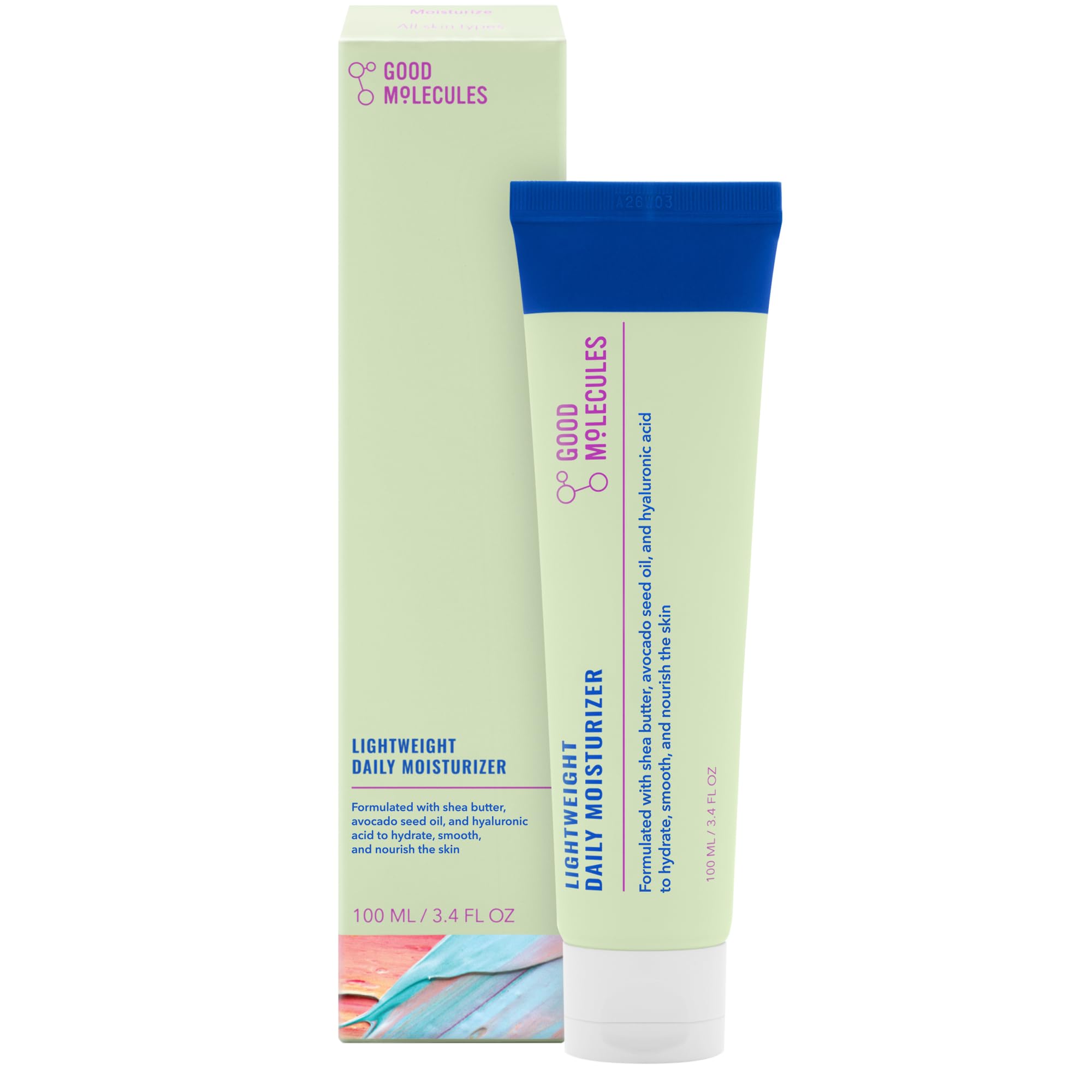 Good Molecules crema hidratante diaria ligera en bote para piel suave y nutrida.