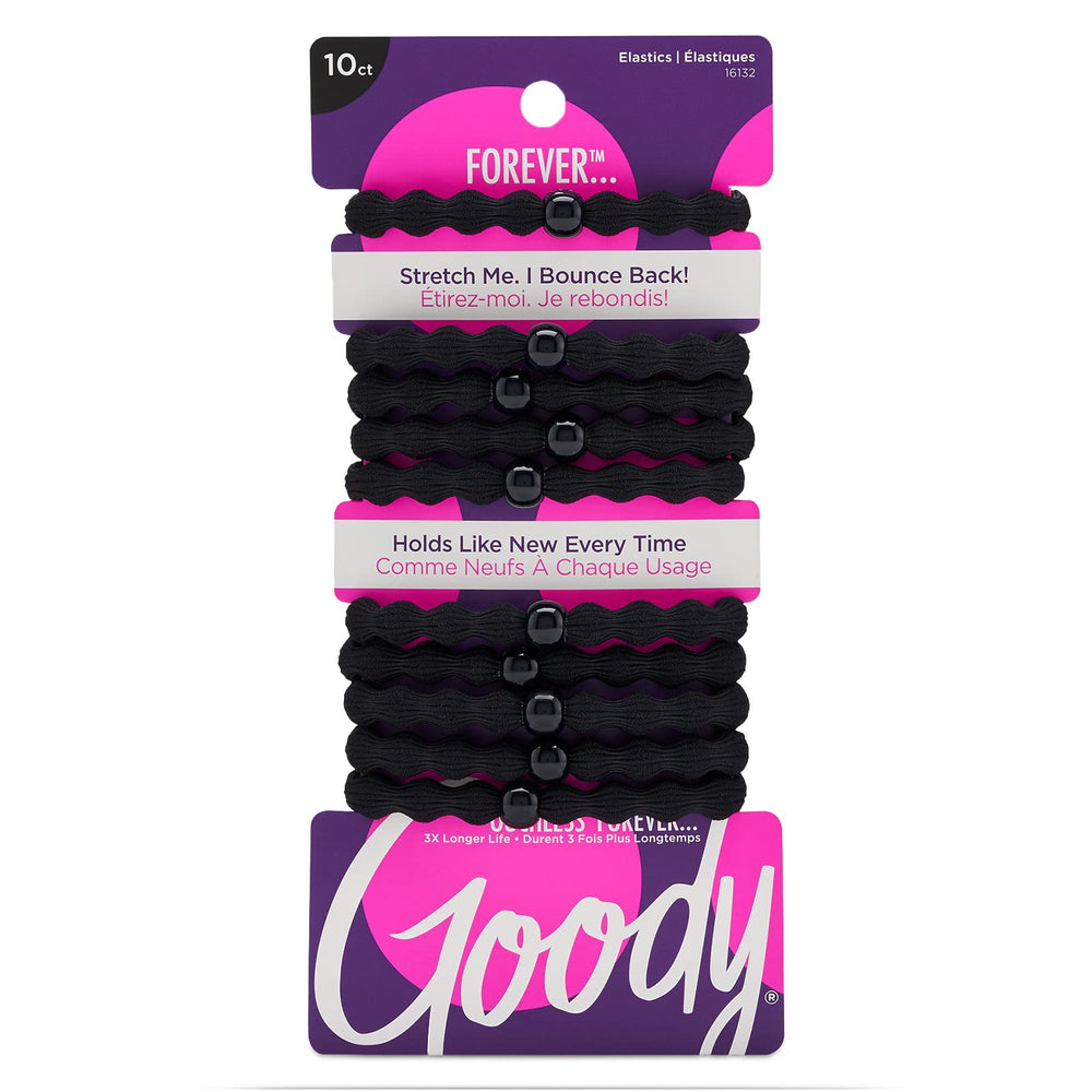 Goody Ouchless Forever gomas de pelo negras 10ct, agarre suave y duradero.