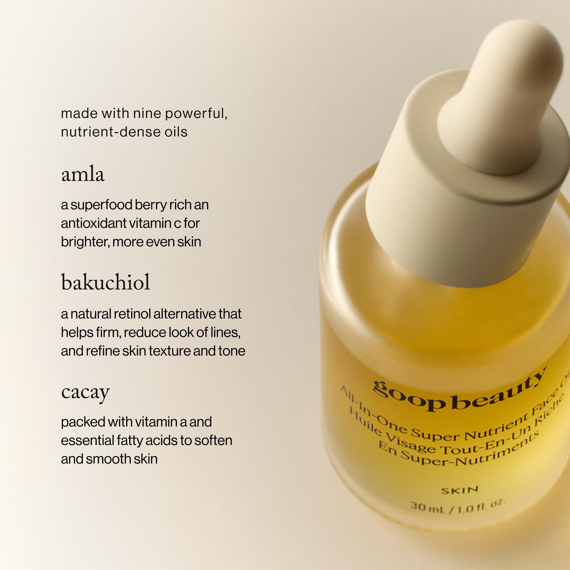 goop Aceite cacay, botella con gotero, rico en vitamina A.