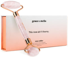 grace & stella rodillo facial de cuarzo rosa para tonificar la piel