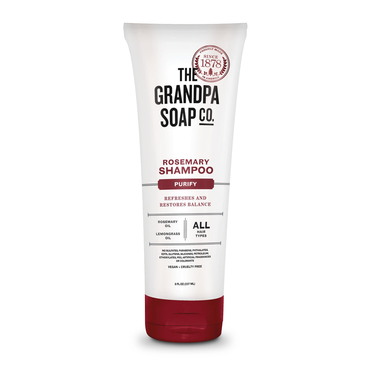 Champú romero-limón The Grandpa Soap Company en botella, purifica el cabello.