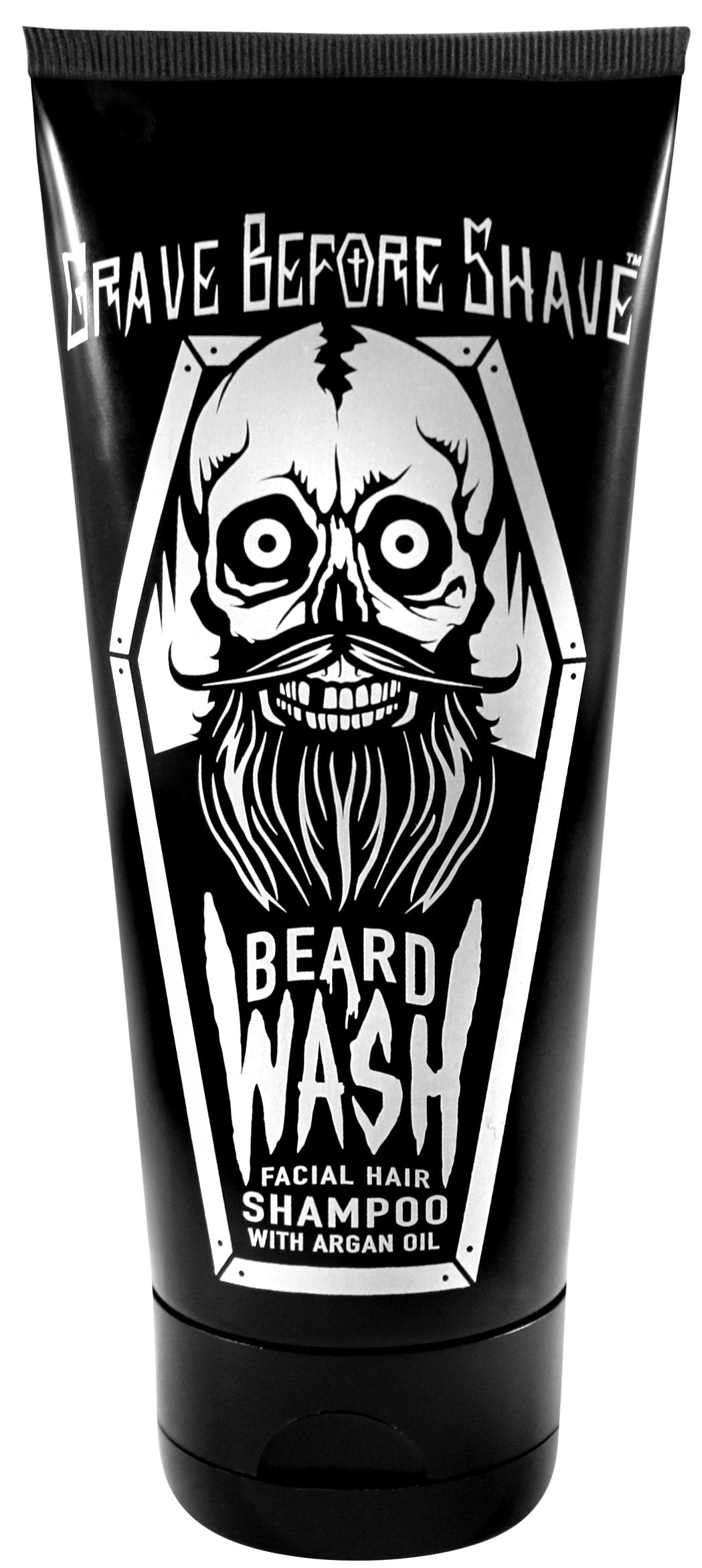 Grave Before Shave beard wash bottle shown, highlighting hydration and argan oil benefits.