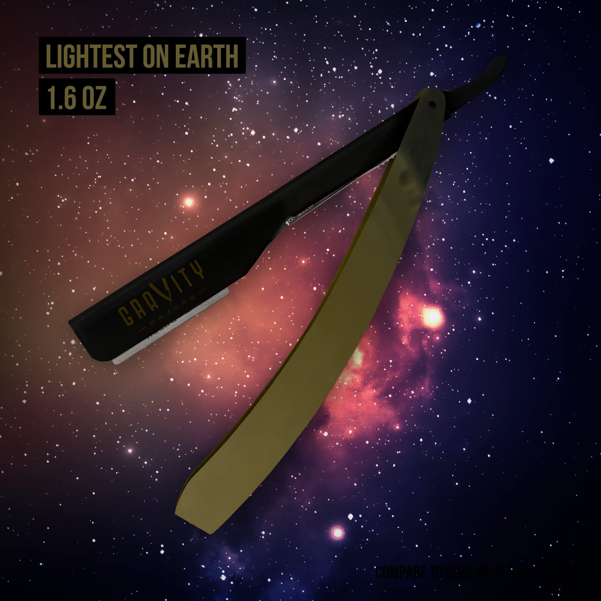 Acabado dorado y negro de la navaja GRAVITY RAZORS, diseño llamativo y duradero.