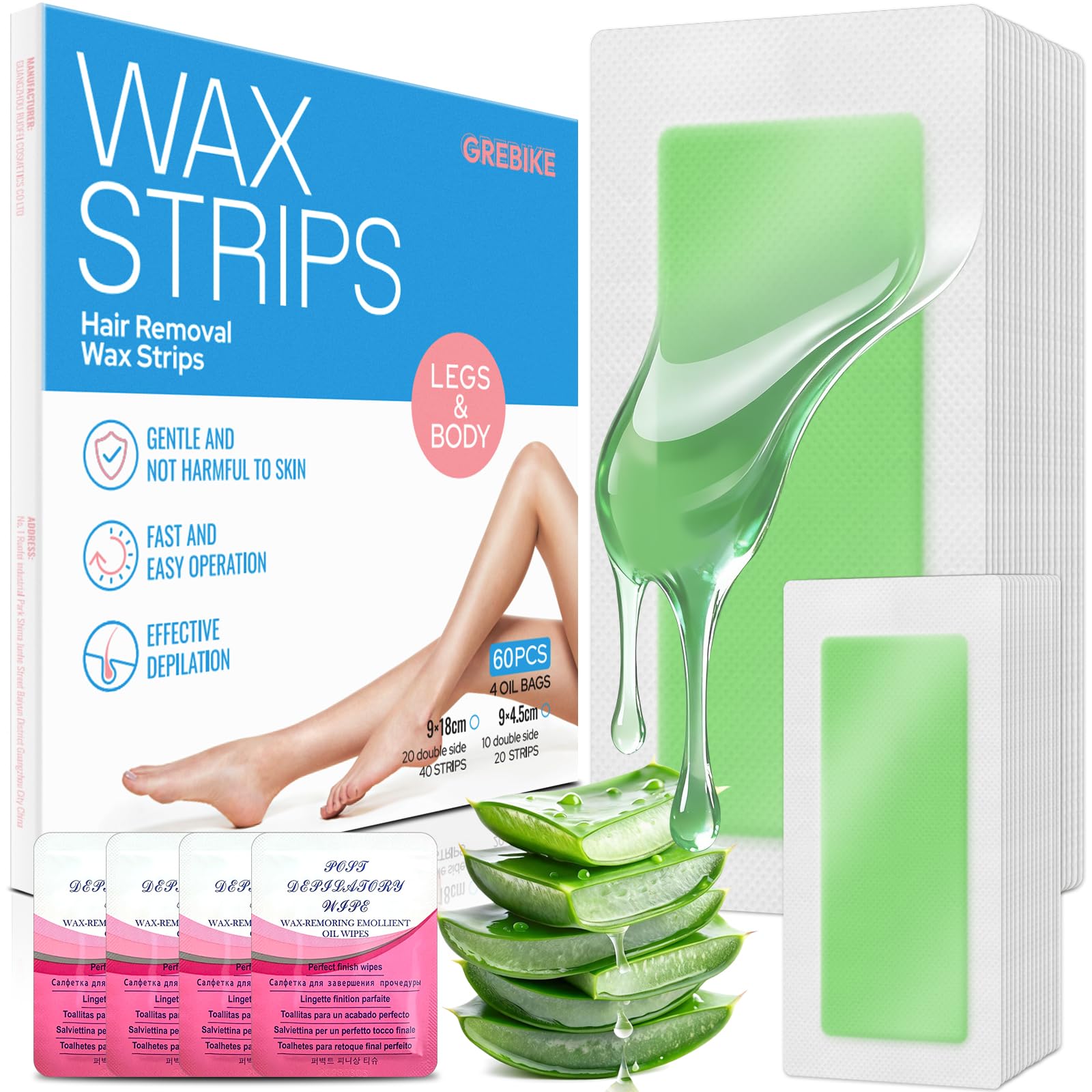 GREBIKE cintas cera cuerpo grandes para depilación rápida y piel suave.