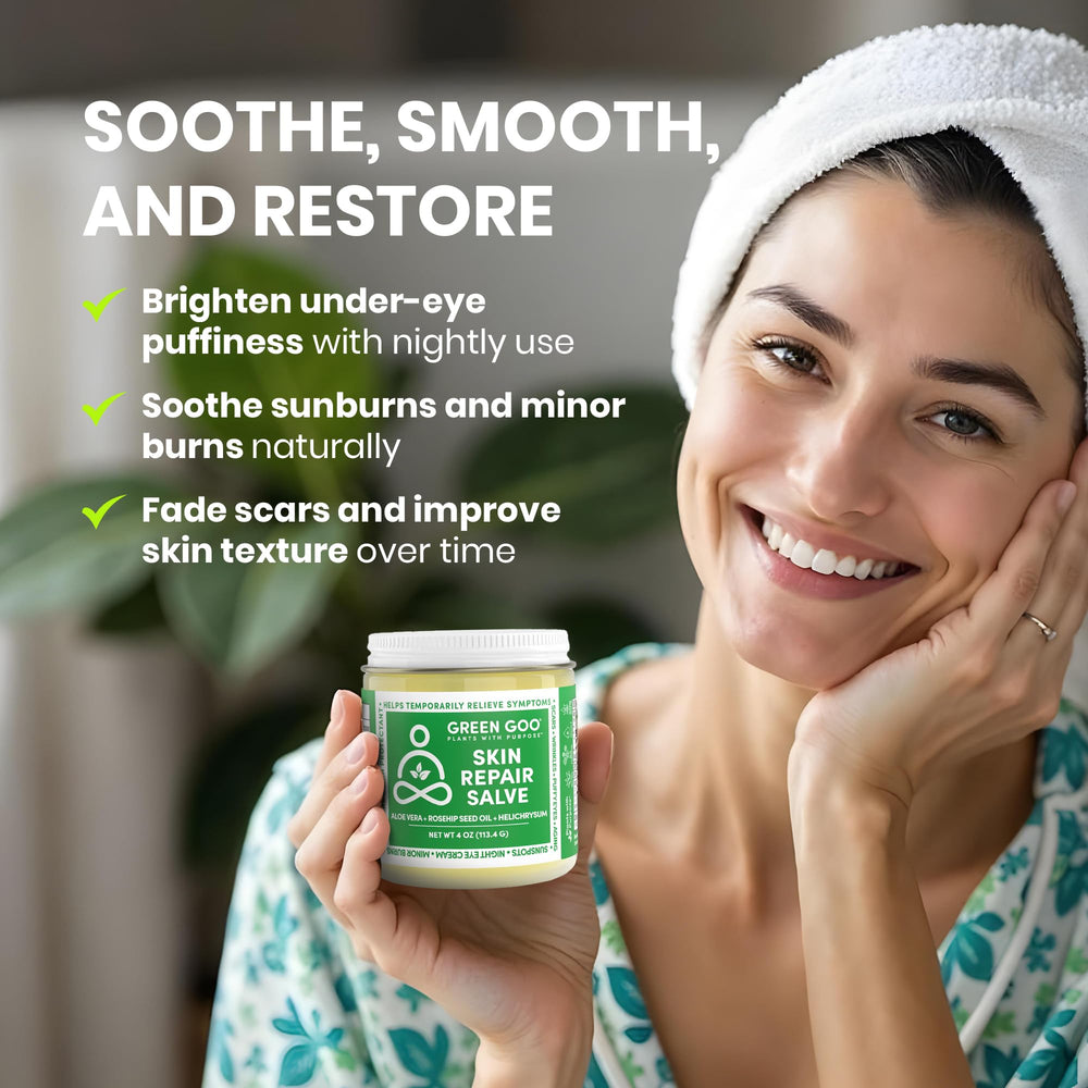 Green Goo Skin Repair Salve alivia quemaduras leves e irritaciones de la piel.