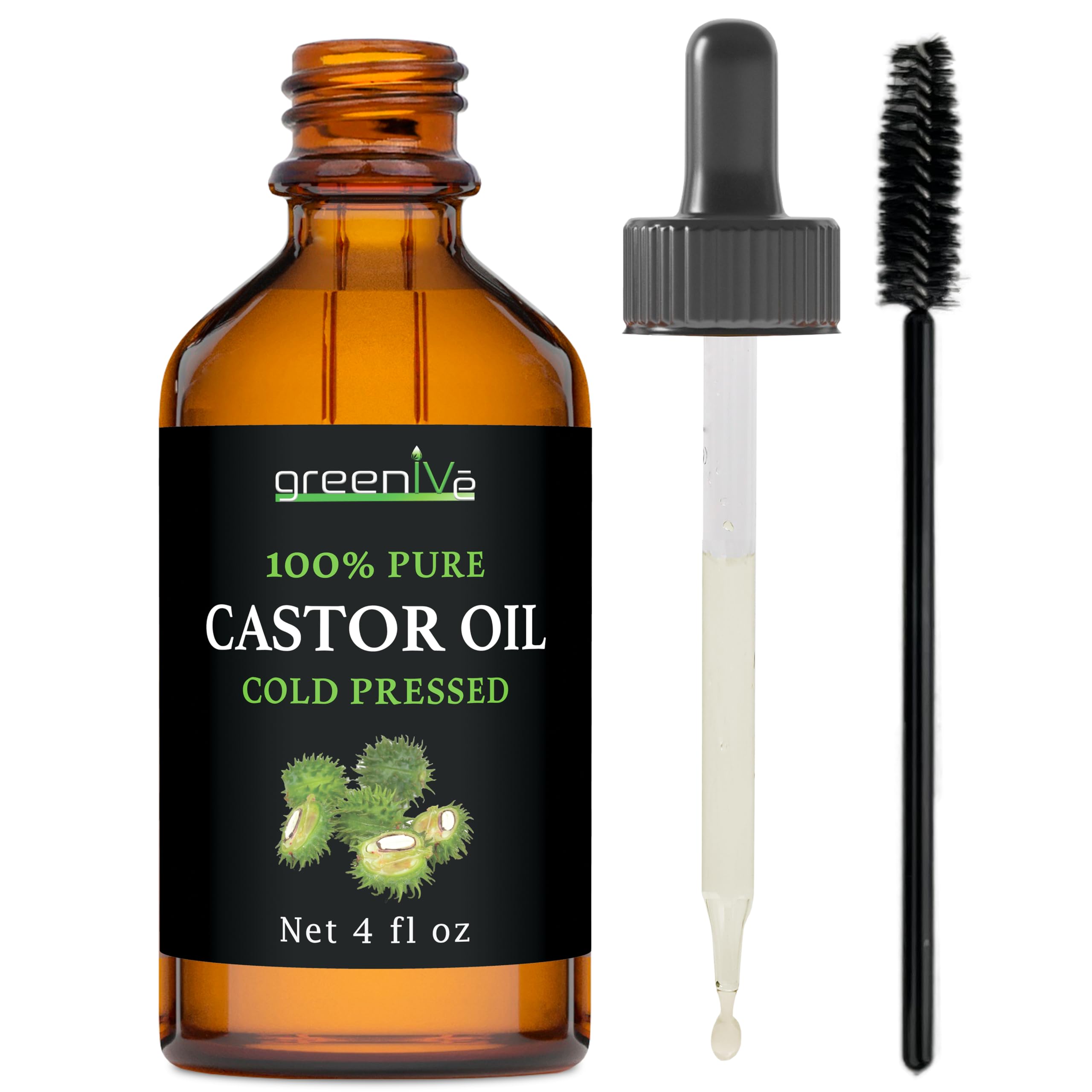 GreenIVe Aceite de ricino en bote de vidrio 4 onzas, hidratación suave para cabello.